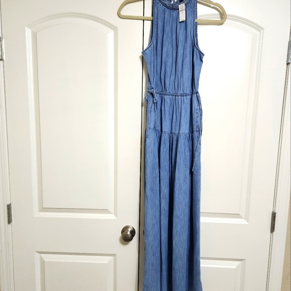 GAP 100% Cotton Whimsical Boho High Neck Denim Maxi Dress - Picture 5 of 10